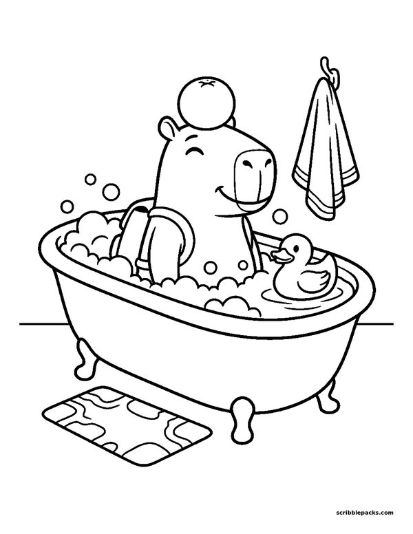 Capybara bath time coloring page