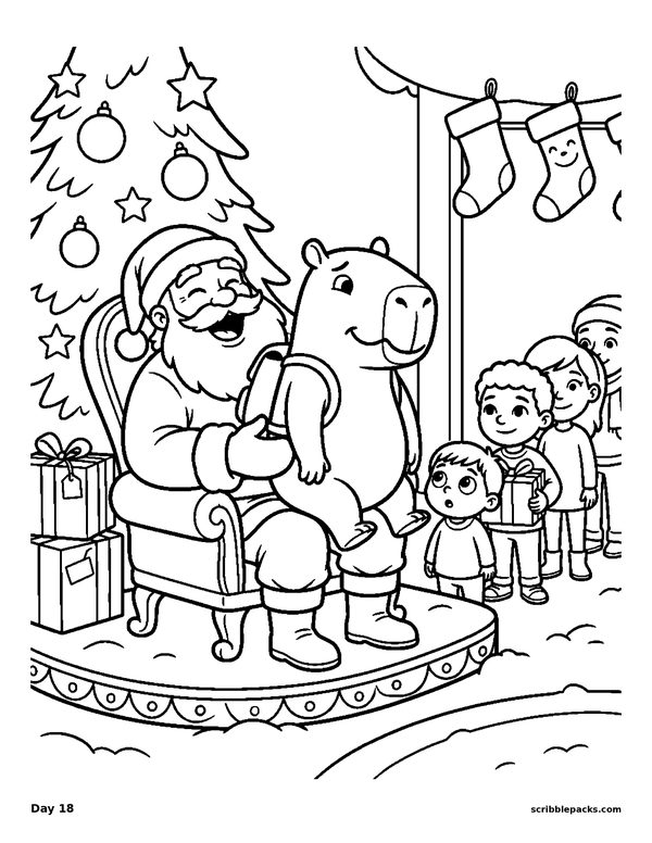 Capybara visiting Santa coloring page