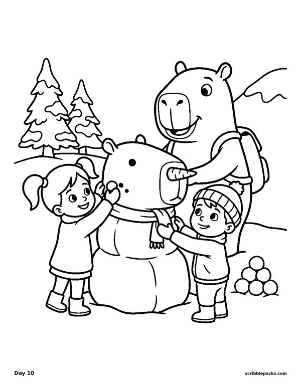 Free capybara building a snowman coloring page