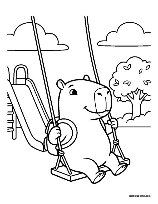 Capybara on a swing coloring page