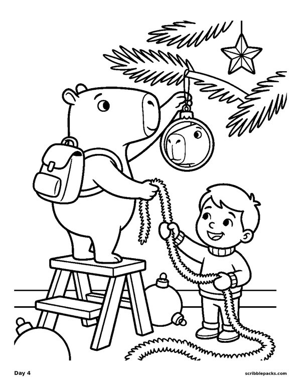 Free christmas tree coloring page: Decorating the tree